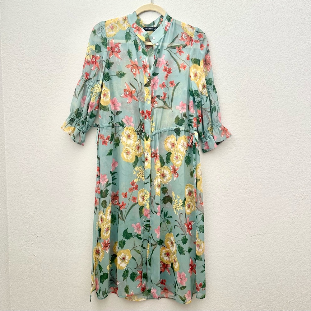 ZARA Floral Midi Sundress with Bishop Sleeves Button up slit Sheer dress